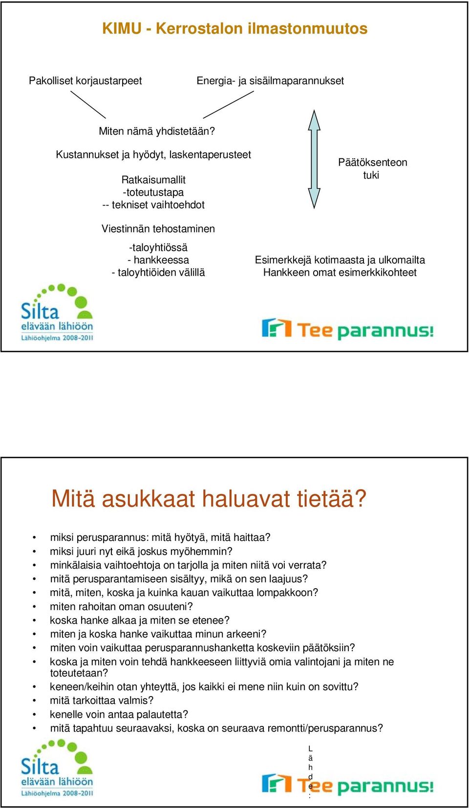 Esimerkkejä kotimaasta ja ulkomailta Hankkeen omat esimerkkikohteet Mitä asukkaat haluavat tietää? miksi perusparannus: mitä hyötyä, mitä haittaa? miksi juuri nyt eikä joskus myöhemmin?