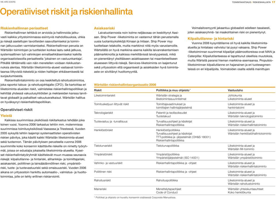 Riskienhallinnan perusta on Wärtsilän toimintojen ja tuotteiden korkea laatu sekä jatkuva, systemaattinen työ vahinkojen ennaltaehkäisemiseksi kaikilla organisaatiotasoilla periaatteella jokainen on