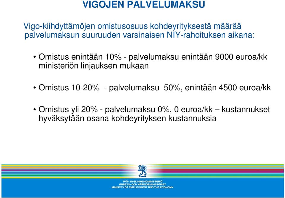 euroa/kk ministeriön linjauksen mukaan Omistus 10-20% - palvelumaksu 50%, enintään 4500 euroa/kk