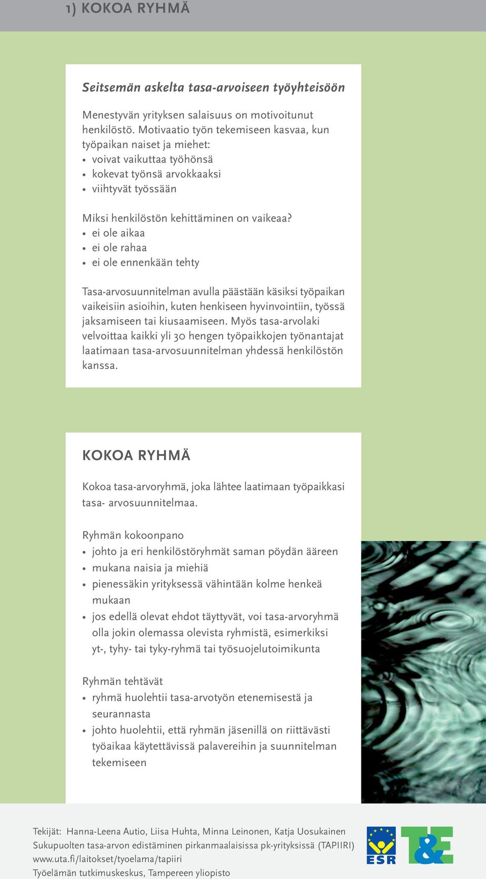 ei ole aikaa ei ole rahaa ei ole ennenkään tehty Tasa-arvosuunnitelman avulla päästään käsiksi työpaikan vaikeisiin asioihin, kuten henkiseen hyvinvointiin, työssä jaksamiseen tai kiusaamiseen.