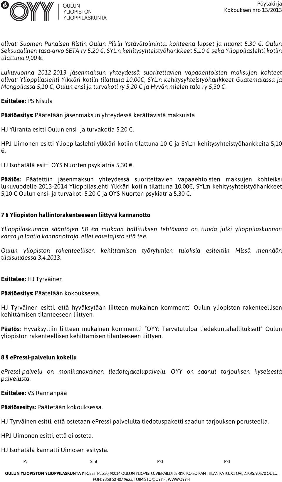 Lukuvuonna 2012-2013 jäsenmaksun yhteydessä suoritettavien vapaaehtoisten maksujen kohteet olivat: Ylioppilaslehti Ylkkäri kotiin tilattuna 10,00, SYL:n kehitysyhteistyöhankkeet Guatemalassa ja