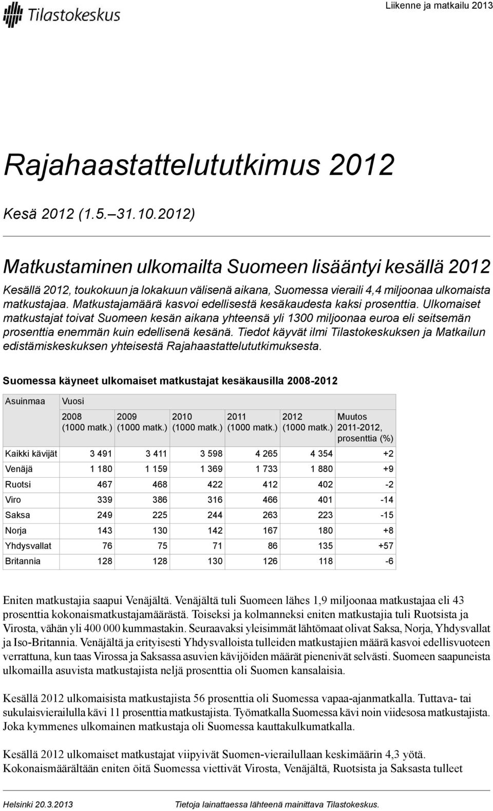 seitsemän prosenttia enemmän kuin edellisenä kesänä Tiedot käyvät ilmi Tilastokeskuksen ja Matkailun edistämiskeskuksen yhteisestä Rajahaastattelututkimuksesta Suomessa käyneet ulkomaiset matkustajat