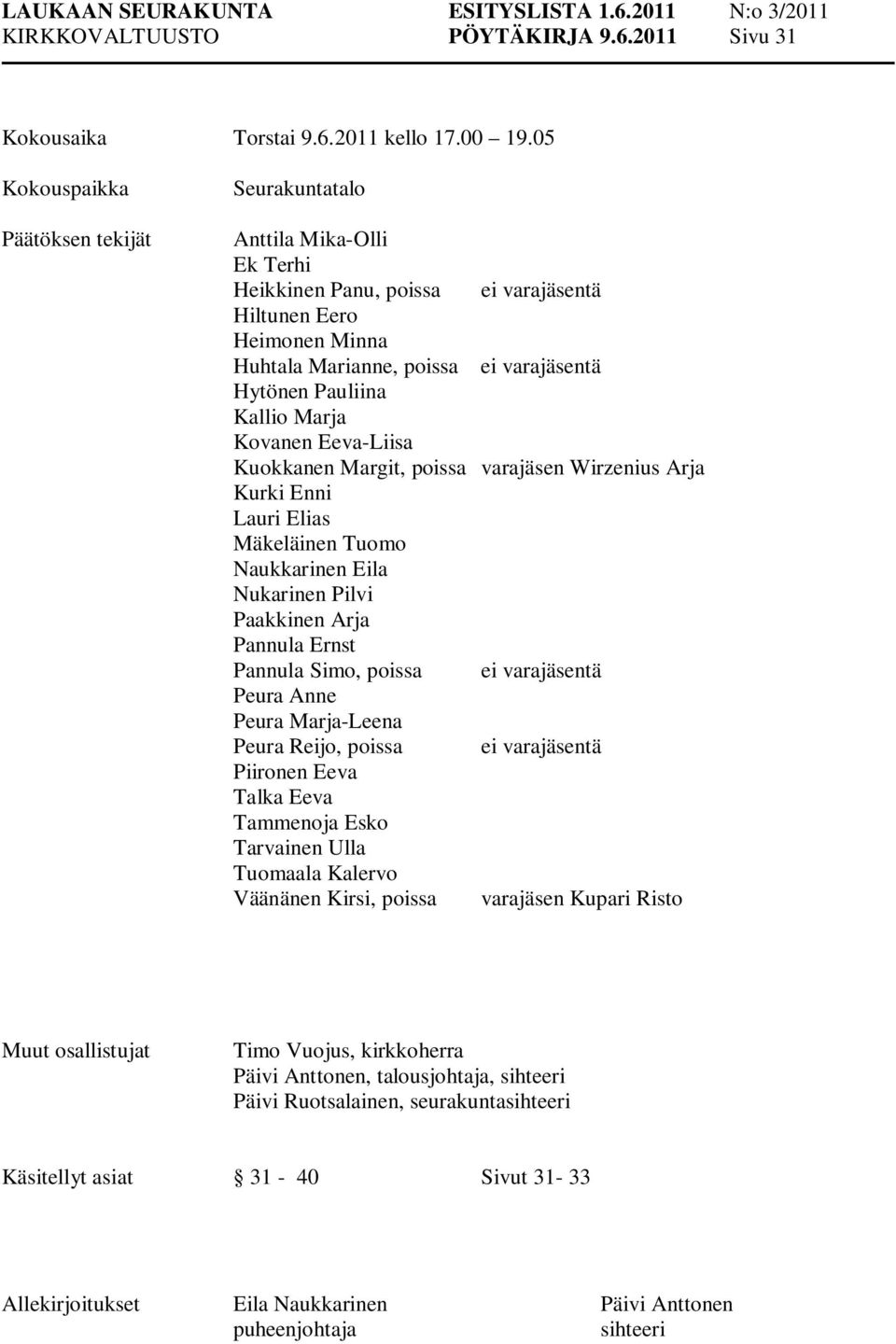 Kallio Marja Kovanen Eeva-Liisa Kuokkanen Margit, poissa varajäsen Wirzenius Arja Kurki Enni Lauri Elias Mäkeläinen Tuomo Naukkarinen Eila Nukarinen Pilvi Paakkinen Arja Pannula Ernst Pannula Simo,