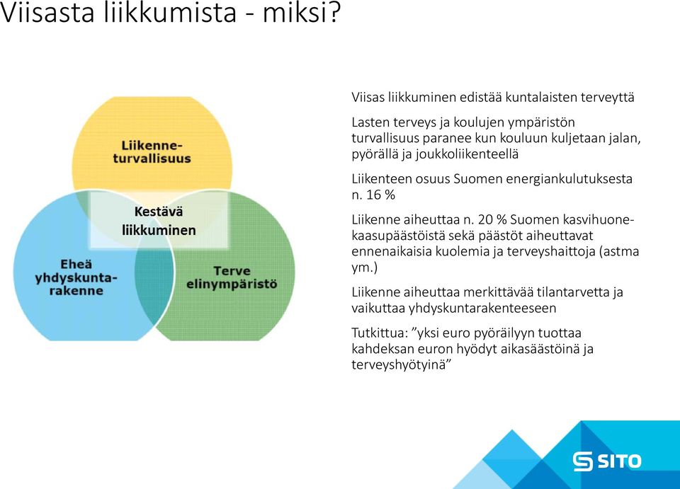 pyörällä ja joukkoliikenteellä Liikenteen osuus Suomen energiankulutuksesta n. 16 % Liikenne aiheuttaa n.