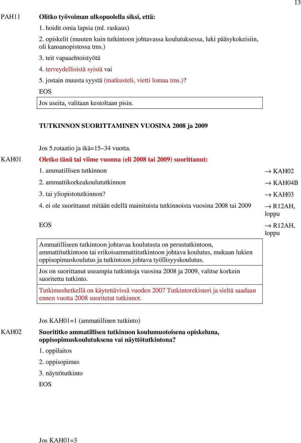 TUTKINNON SUORITTAMINEN VUOSINA 2008 ja 2009 KAH01 Jos 5.rotaatio ja ikä=15 34 vuotta. Oletko tänä tai viime vuonna (eli 2008 tai 2009) suorittanut: 1. ammatillisen tutkinnon KAH02 2.