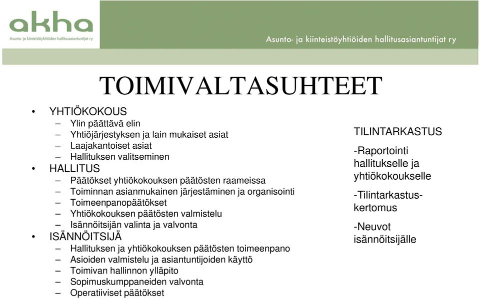 Isännöitsijän valinta ja valvonta ISÄNNÖITSIJÄ Hallituksen ja yhtiökokouksen päätösten toimeenpano Asioiden valmistelu ja asiantuntijoiden käyttö Toimivan i