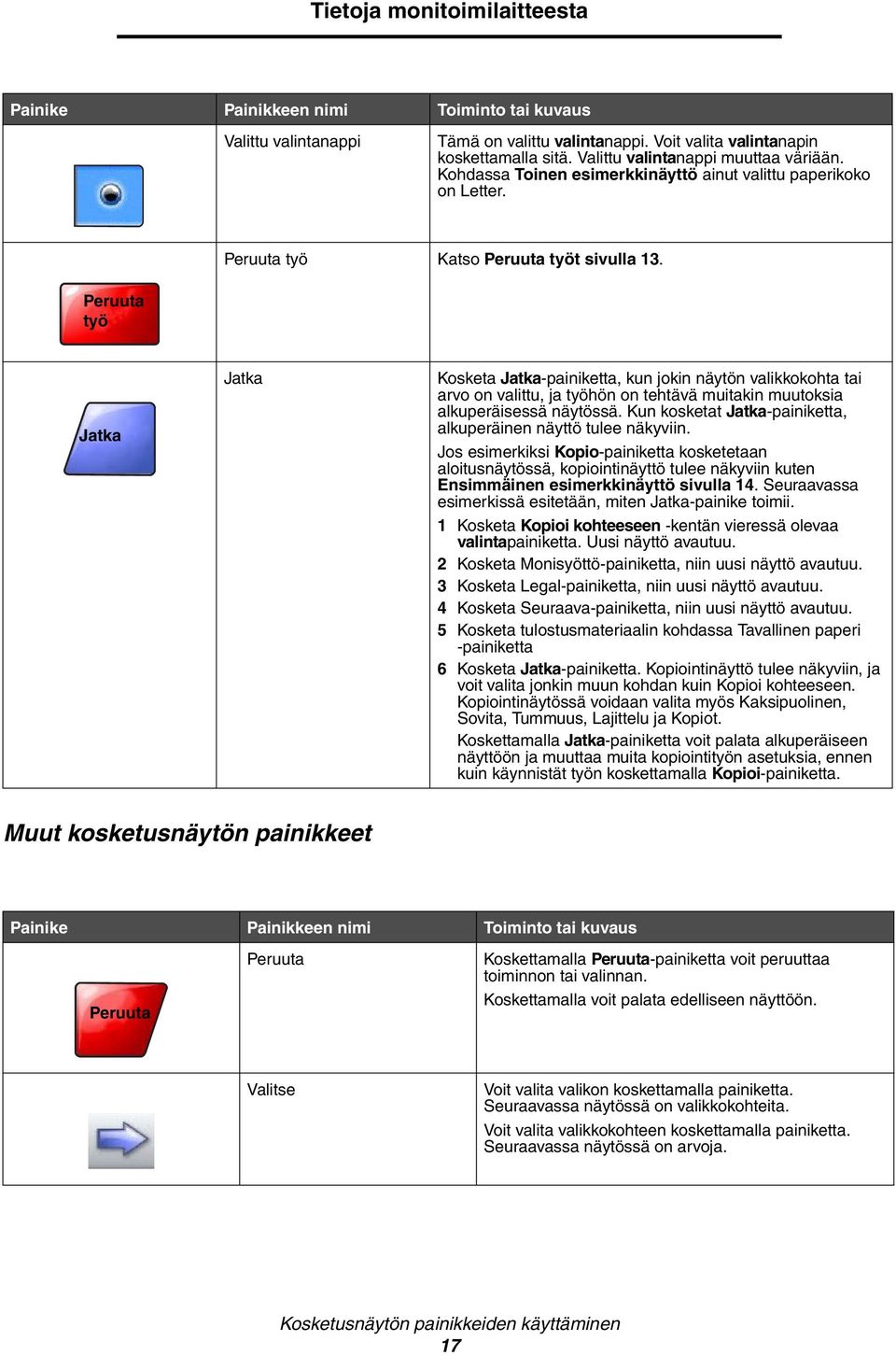 Peruuta työ Jatka Jatka Kosketa Jatka-painiketta, kun jokin näytön valikkokohta tai arvo on valittu, ja työhön on tehtävä muitakin muutoksia alkuperäisessä näytössä.