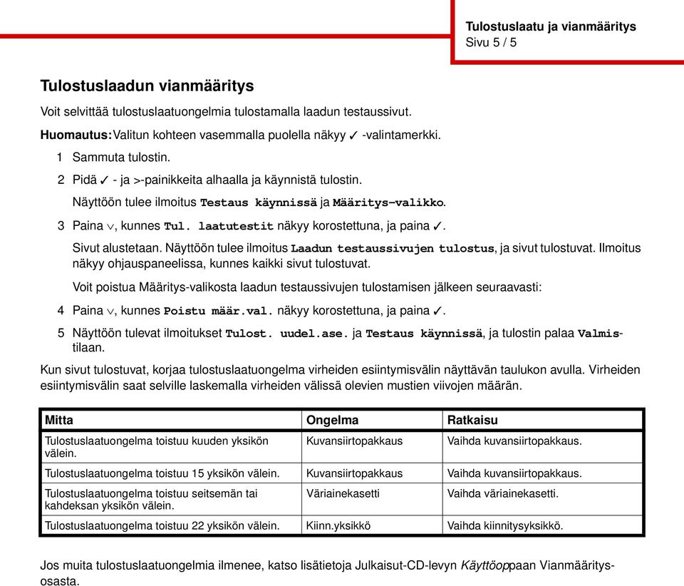 Näyttöön tulee ilmoitus Testaus käynnissä ja Määritys-valikko. 3 Paina, kunnes Tul. laatutestit näkyy korostettuna, ja paina. Sivut alustetaan.