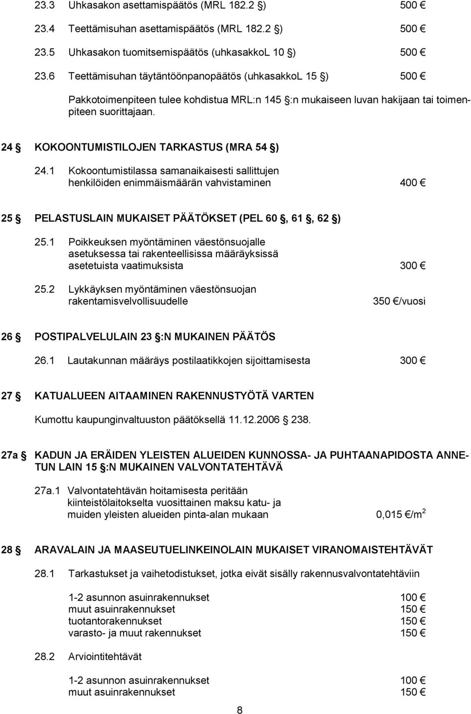 24 KOKOONTUMISTILOJEN TARKASTUS (MRA 54 ) 24.1 Kokoontumistilassa samanaikaisesti sallittujen henkilöiden enimmäismäärän vahvistaminen 400 25 PELASTUSLAIN MUKAISET PÄÄTÖKSET (PEL 60, 61, 62 ) 25.