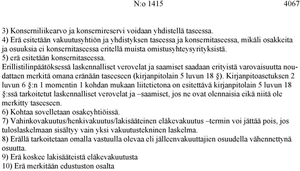 5) erä esitetään konsernitaseessa. Erillistilinpäätöksessä laskennalliset verovelat ja saamiset saadaan erityistä varovaisuutta noudattaen merkitä omana eränään taseeseen (kirjanpitolain 5 luvun 18 ).