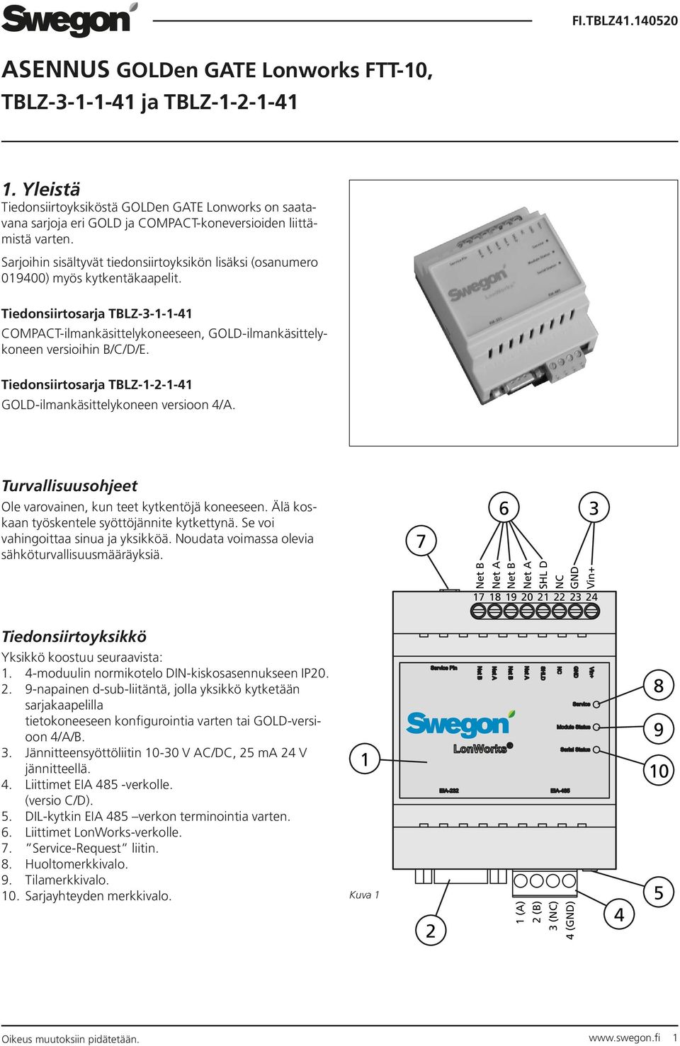 Tiedonsiirtosarja TBLZ12141 GOLDilmankäsittelykoneen versioon 4/A. Turvallisuusohjeet Ole varovainen, kun teet kytkentöjä koneeseen. Älä koskaan työskentele syöttöjännite kytkettynä.