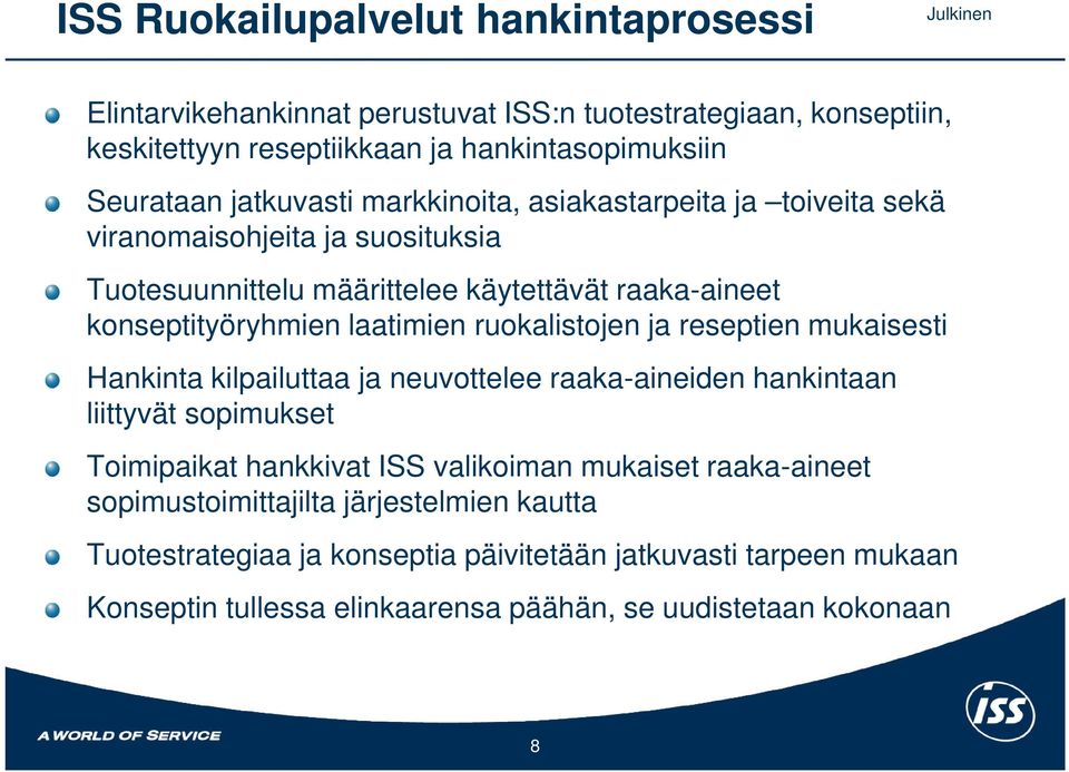 ruokalistojen ja reseptien mukaisesti Hankinta kilpailuttaa ja neuvottelee raaka-aineiden hankintaan liittyvät sopimukset Toimipaikat hankkivat ISS valikoiman mukaiset