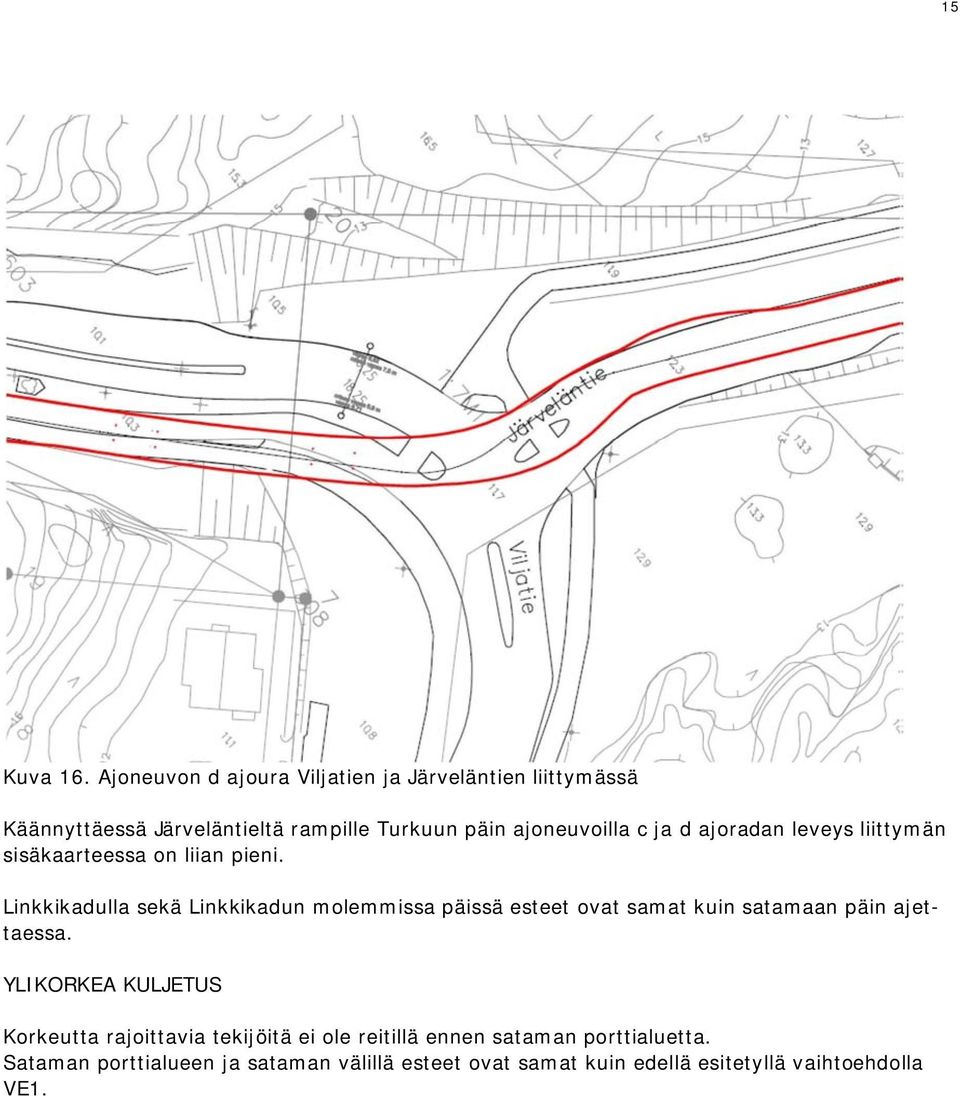 ja d ajoradan leveys liittymän sisäkaarteessa on liian pieni.