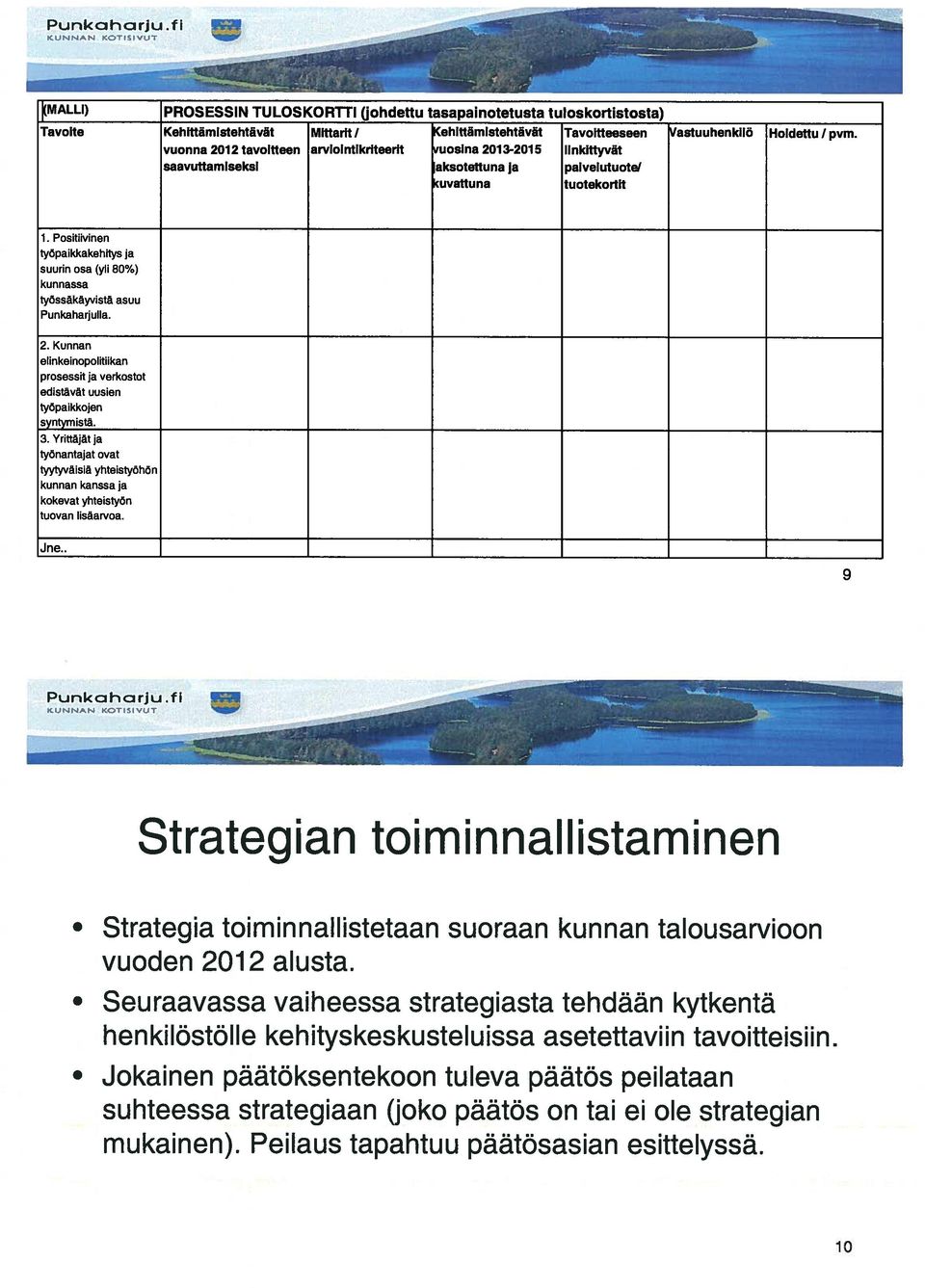 Positiivinen työpaikkakehitys ja suurin osa (yli 80%) kunnassa työssäkäyvistä asuu Punkaharjuta. 2. Kunnan elinkeinopolitiikan prosessit ja verkostot edistävät uusien työpaikkojen syntymistä. 3.