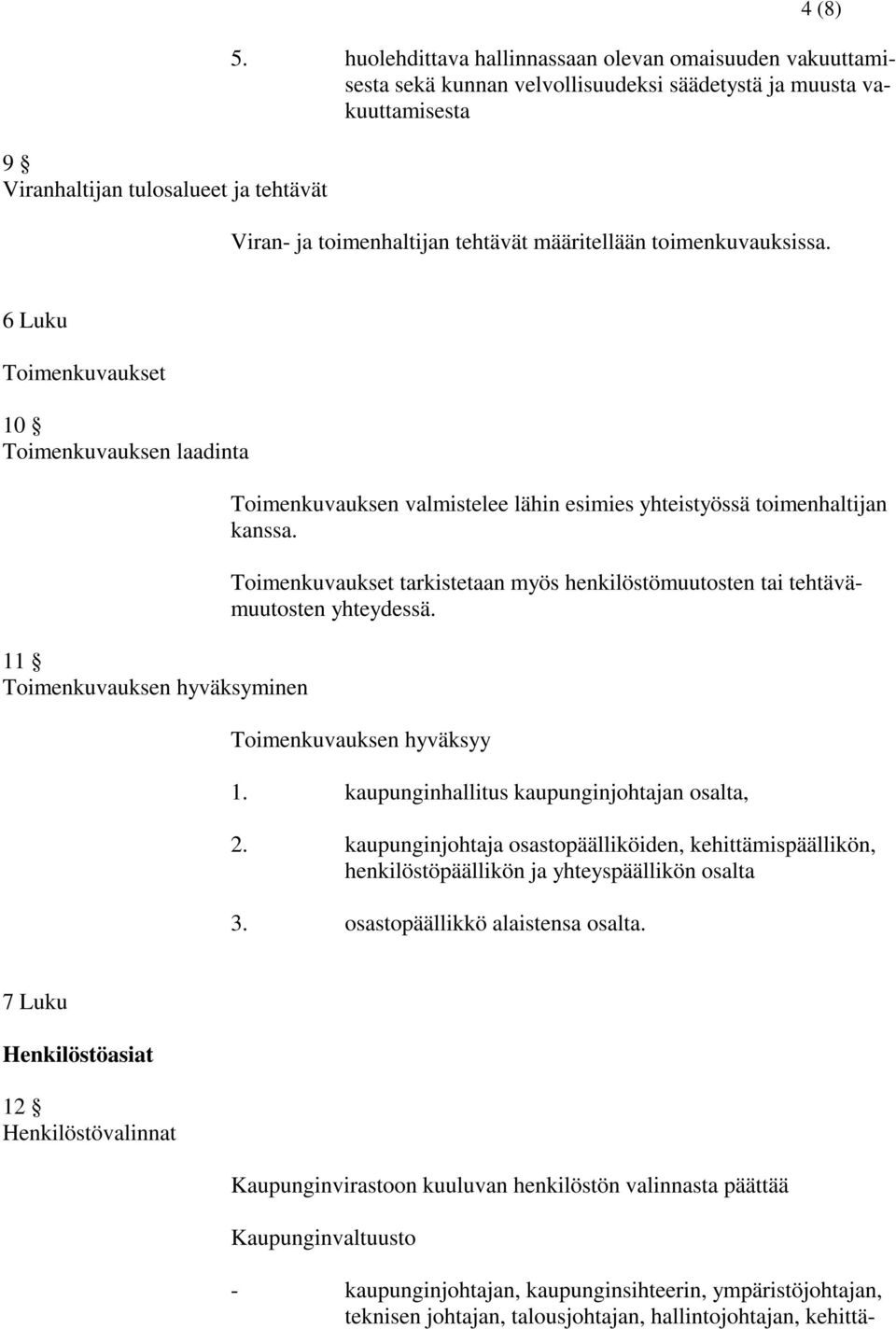 6 Luku Toimenkuvaukset 10 Toimenkuvauksen laadinta 11 Toimenkuvauksen hyväksyminen Toimenkuvauksen valmistelee lähin esimies yhteistyössä toimenhaltijan kanssa.