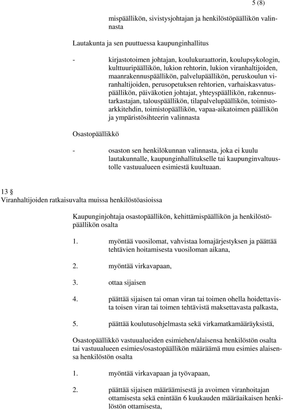 yhteyspäällikön, rakennustarkastajan, talouspäällikön, tilapalvelupäällikön, toimistoarkkitehdin, toimistopäällikön, vapaa-aikatoimen päällikön ja ympäristösihteerin valinnasta Osastopäällikkö -