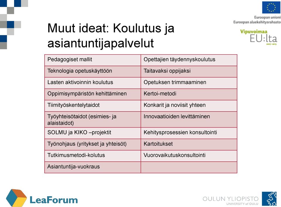 (yritykset ja yhteisöt) Tutkimusmetodi-kolutus Opettajien täydennyskoulutus Taitavaksi oppijaksi Opetuksen trimmaaminen