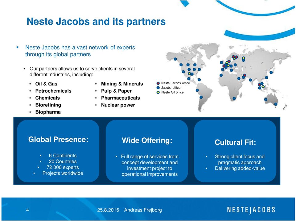 Jacobs office Jacobs office Neste Oil office Global Presence: 6 Continents 20 Countries 72 000 experts Projects worldwide Wide Offering: Full range of