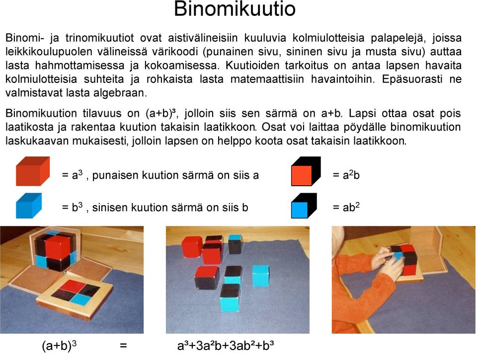 Epäsuorasti ne valmistavat lasta algebraan. Binomikuution tilavuus on (a+b)!, jolloin siis sen särmä on a+b. Lapsi ottaa osat pois laatikosta ja rakentaa kuution takaisin laatikkoon.