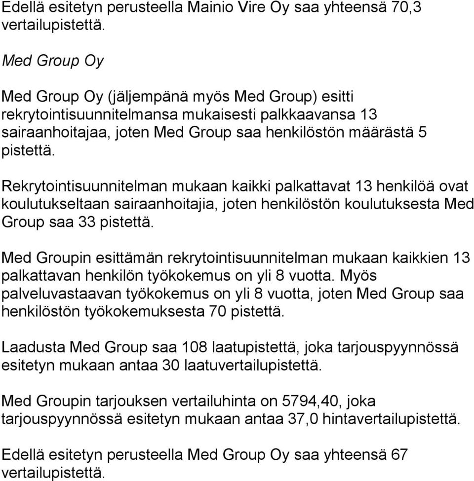 Group saa 33 Med Groupin esittämän rekrytointisuunnitelman mukaan kaikkien 13 palkattavan henkilön työkokemus on yli 8 vuotta.