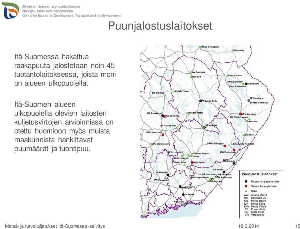 Itä-Suomen alueen ulkopuolella olevien laitosten kuljetusvirtojen