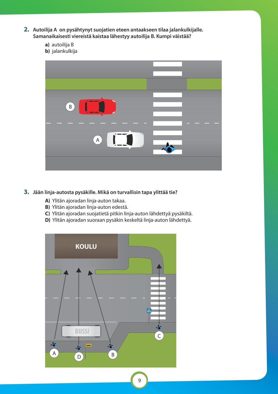 Jään linja-autosta pysäkille. Mikä on turvallisin tapa ylittää tie? A) Ylitän ajoradan linja-auton takaa.