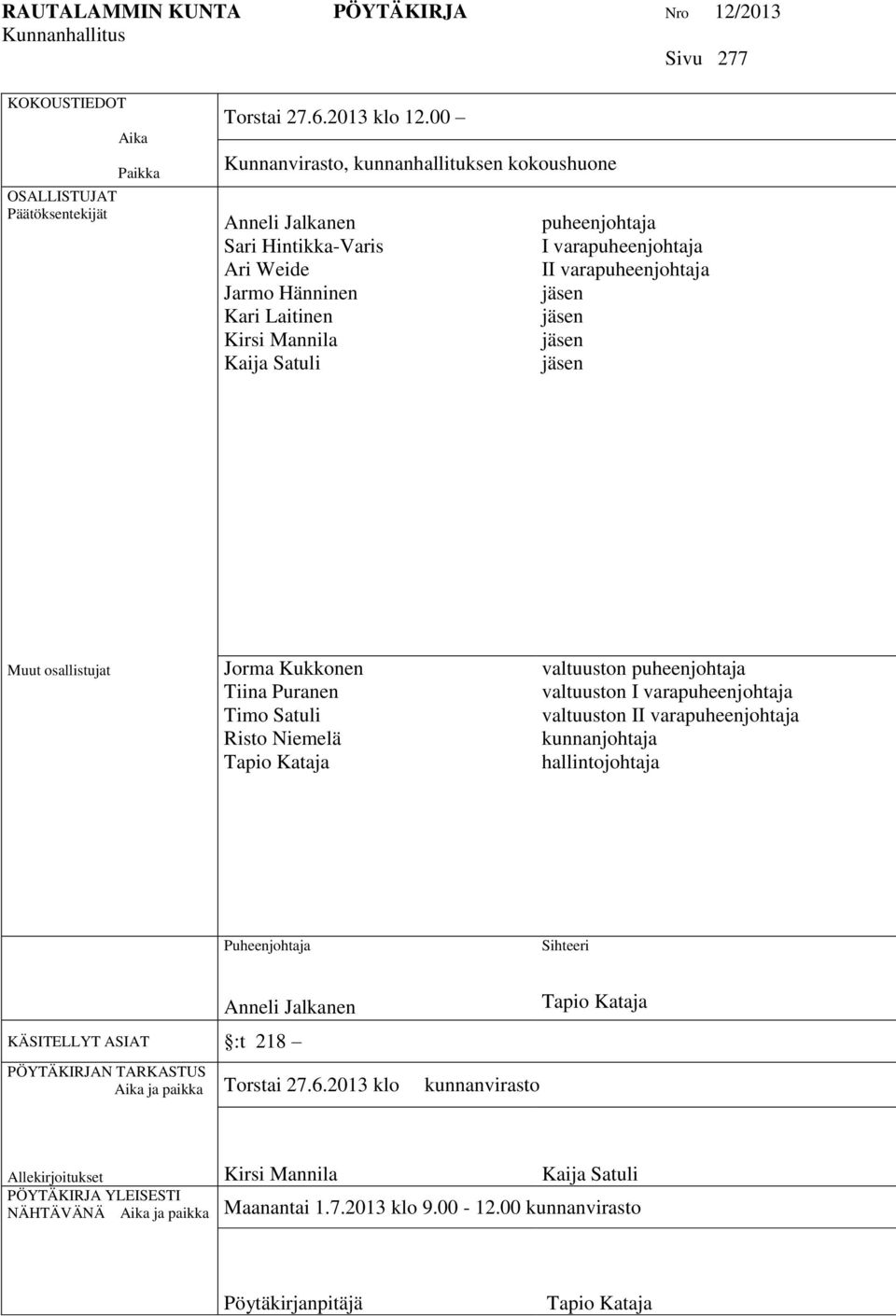 varapuheenjohtaja Muut osallistujat Jorma Kukkonen Tiina Puranen Timo Satuli Risto Niemelä Tapio Kataja valtuuston puheenjohtaja valtuuston I varapuheenjohtaja valtuuston II varapuheenjohtaja