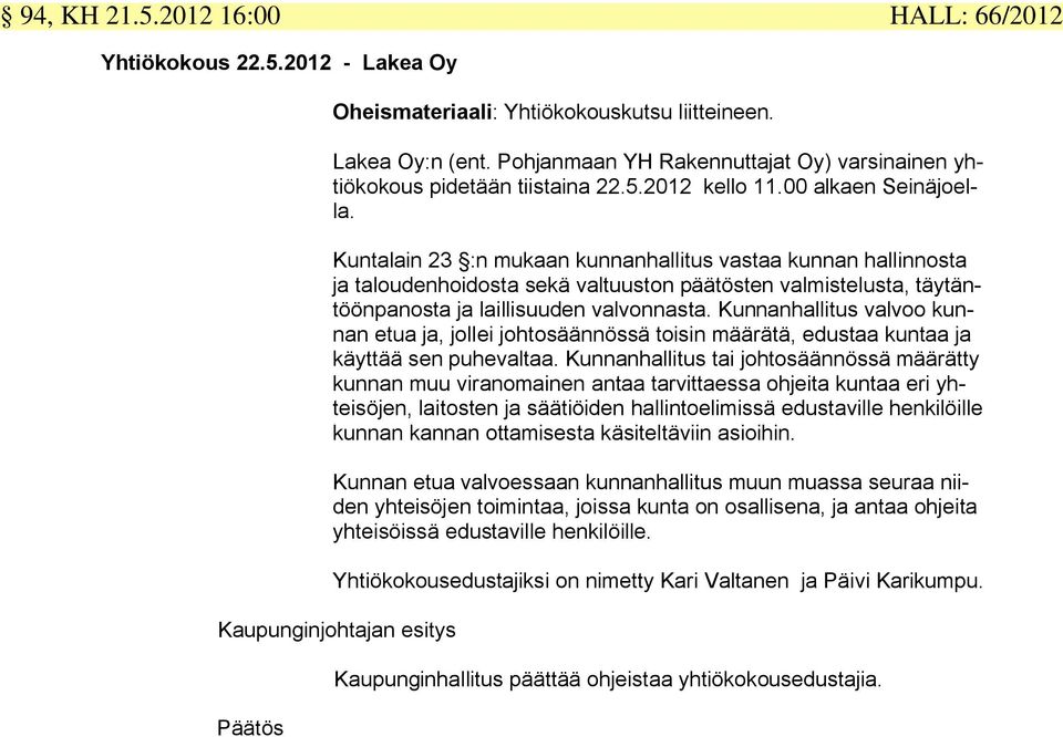 Kuntalain 23 :n mukaan kunnanhallitus vastaa kunnan hallinnosta ja taloudenhoidosta sekä valtuuston päätösten valmistelusta, täytäntöönpanosta ja laillisuuden valvonnasta.