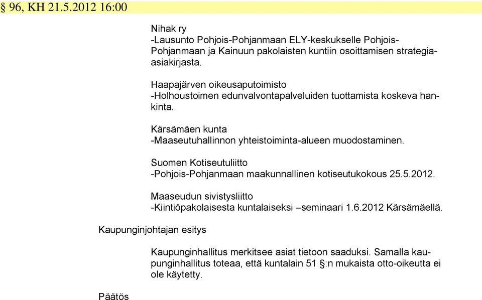 Kärsämäen kunta -Maaseutuhallinnon yhteistoiminta-alueen muodostaminen. Suomen Kotiseutuliitto -Pohjois-Pohjanmaan maakunnallinen kotiseutukokous 25.5.2012.