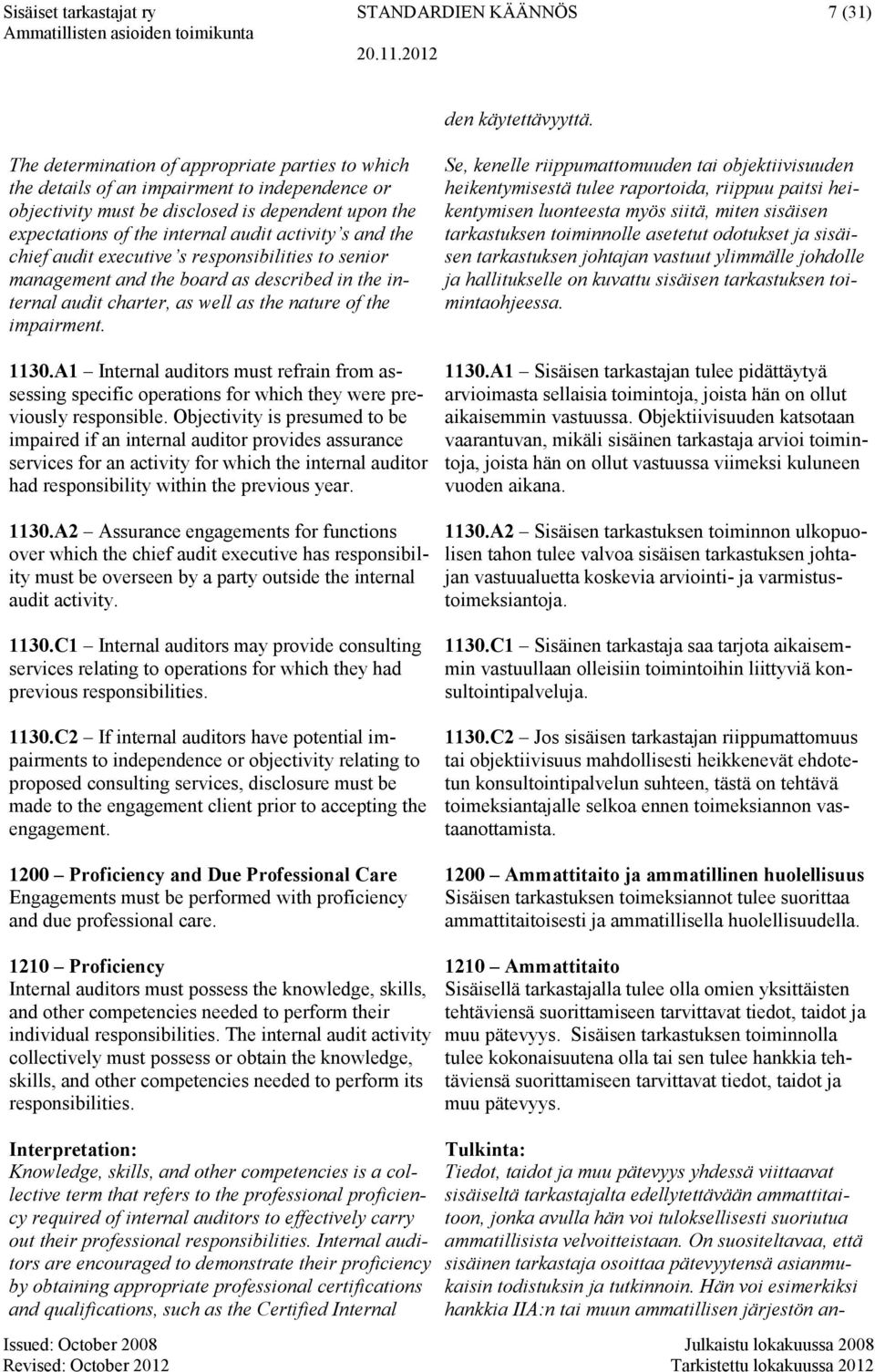 the chief audit executive s responsibilities to senior management and the board as described in the internal audit charter, as well as the nature of the impairment. 1130.