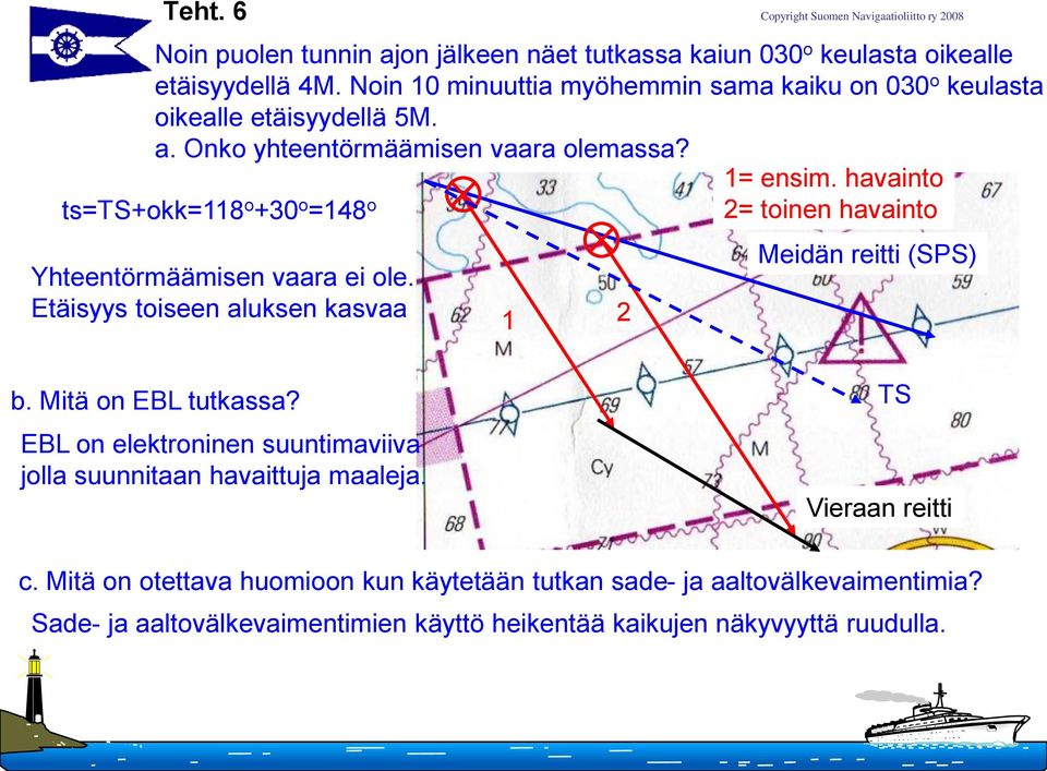 havainto ts=ts+okk=118 o +30 o =148 o 2= toinen havainto Yhteentörmäämisen vaara ei ole. Etäisyys toiseen aluksen kasvaa 1 2 Meidän reitti (SPS) b.