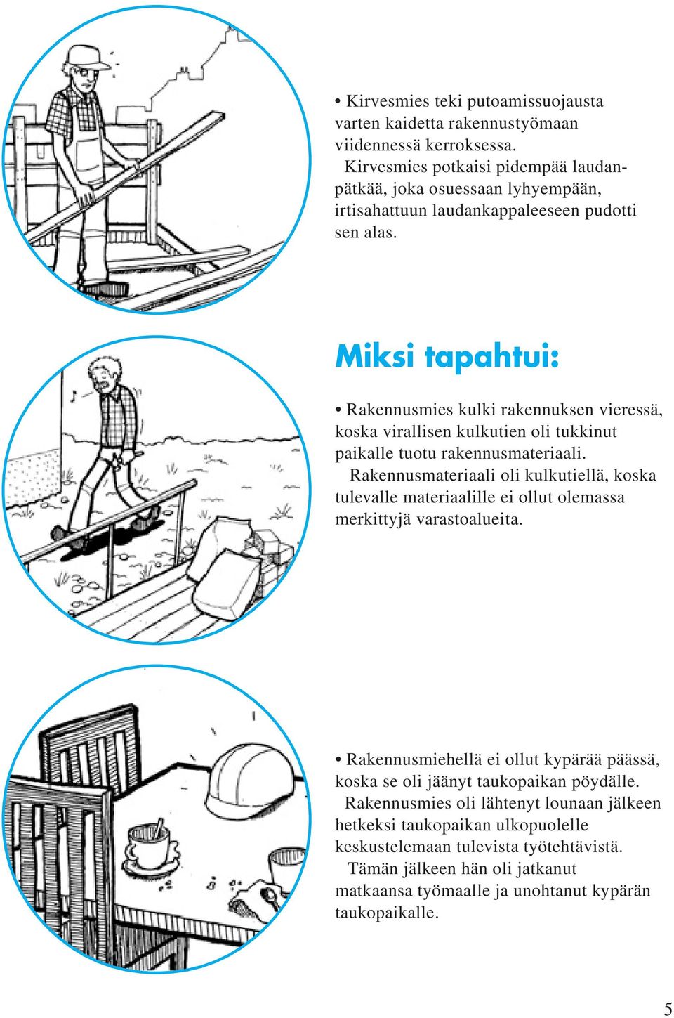 Miksi tapahtui: Rakennusmies kulki rakennuksen vieressä, koska virallisen kulkutien oli tukkinut paikalle tuotu rakennusmateriaali.
