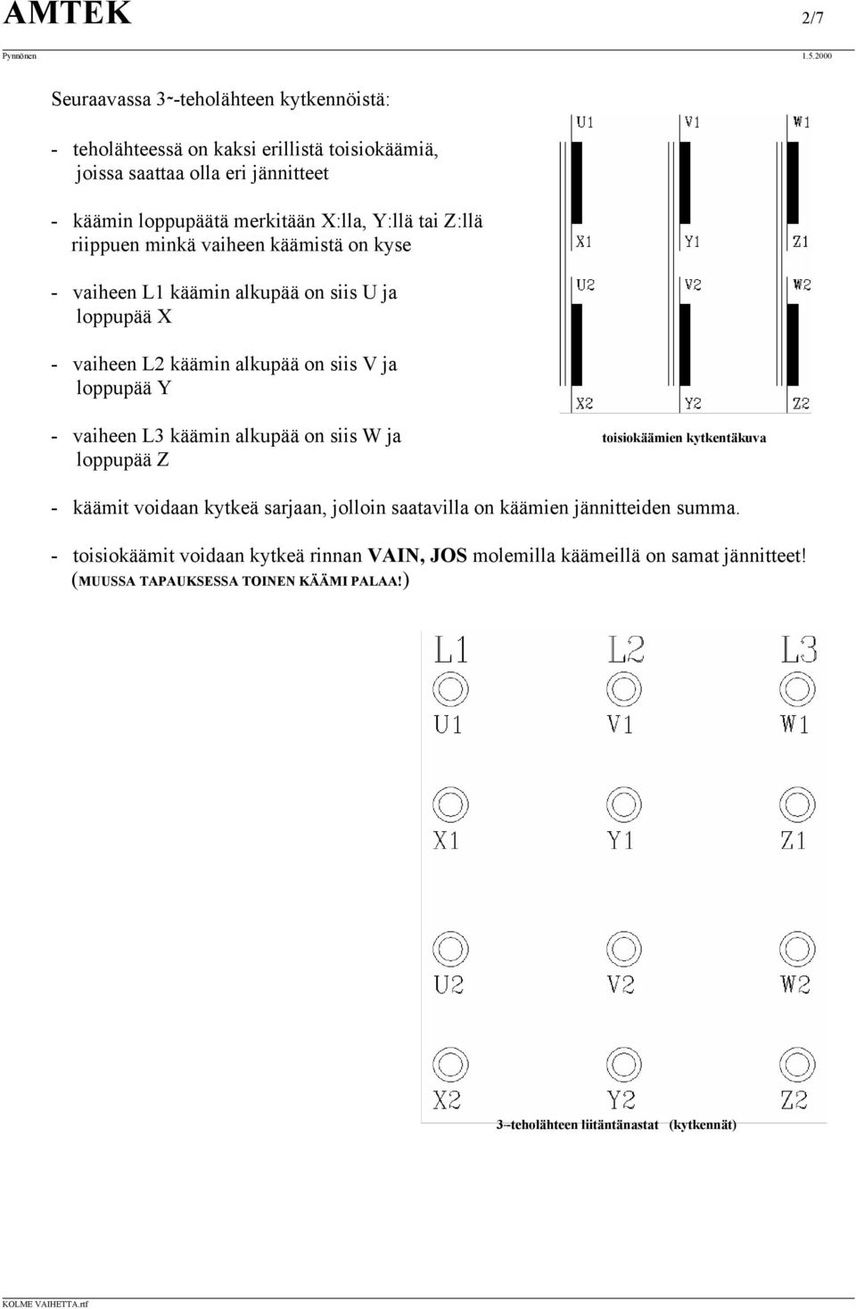 Y - vaiheen L3 käämin alkupää on siis W ja toisiokäämien kytkentäkuva loppupää Z - käämit voidaan kytkeä sarjaan, jolloin saatavilla on käämien jännitteiden summa.