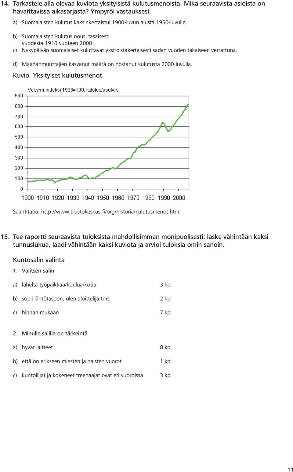 c) Nykypäivän suomalaiset kuluttavat yksitoistakertaisesti sadan vuoden takaiseen verrattuna. d) Maahanmuuttajien kasvanut määrä on nostanut kulutusta 2000-luvulla. Kuvio.