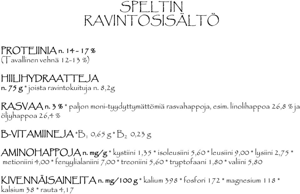 linolihappoa 26,8 % ja öljyhappoa 26,4 % B VITAMIINEJA *B 1 0,65 g * B 2 0,23 g AMINOHAPPOJA n.