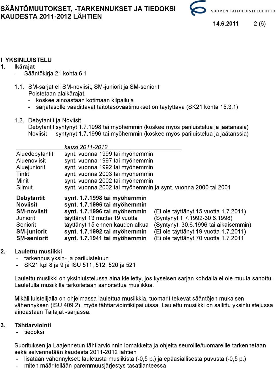 1998 tai myöhemmin (koskee myös pariluistelua ja jäätanssia) Noviisit syntynyt 1.7.1996 tai myöhemmin (koskee myös pariluistelua ja jäätanssia) kausi 2011-2012 Aluedebytantit synt.