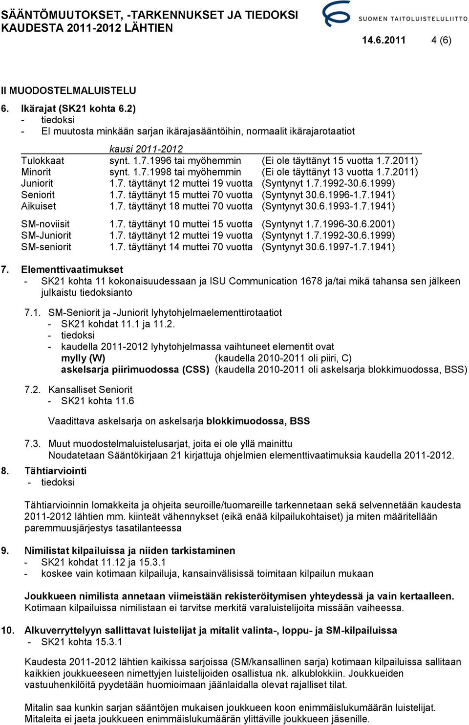 7. täyttänyt 15 muttei 70 vuotta (Syntynyt 30.6.1996-1.7.1941) Aikuiset 1.7. täyttänyt 18 muttei 70 vuotta (Syntynyt 30.6.1993-1.7.1941) SM-noviisit 1.7. täyttänyt 10 muttei 15 vuotta (Syntynyt 1.7.1996-30.