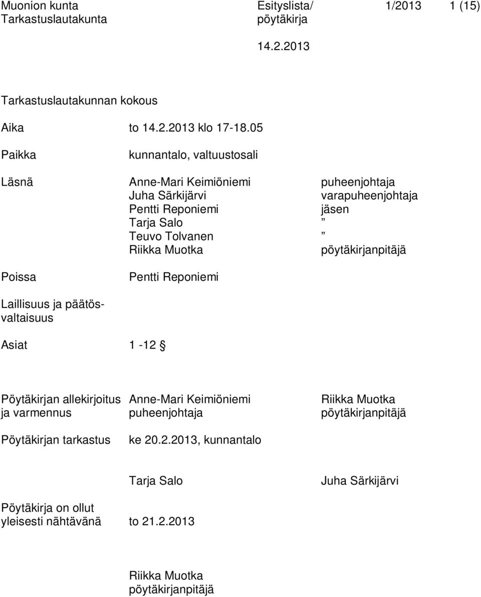 Teuvo Tolvanen Riikka Muotka npitäjä Poissa Pentti Reponiemi Laillisuus ja päätösvaltaisuus Asiat 1-12 Pöytäkirjan allekirjoitus Anne-Mari