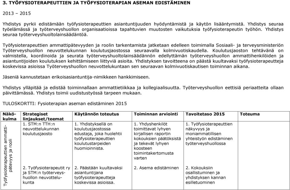 Yhdistys seuraa työelämässä ja työterveyshuollon organisaatioissa tapahtuvien muutosten vaikutuksia työfysioterapeutin työhön. Yhdistys seuraa työterveyshuoltolainsäädäntöä.