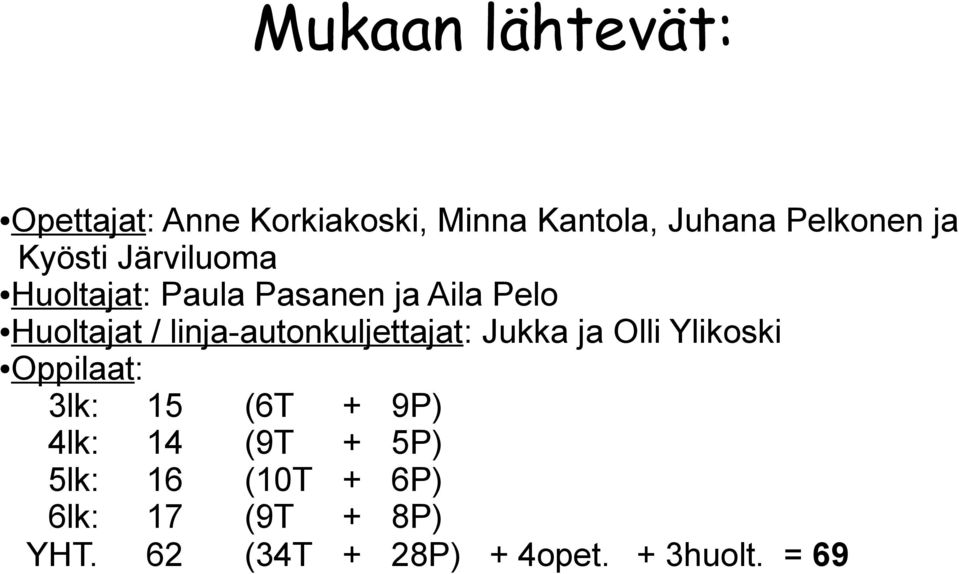 linja-autonkuljettajat: Jukka ja Olli Ylikoski Oppilaat: 3lk: 15 (6T + 9P) 4lk: