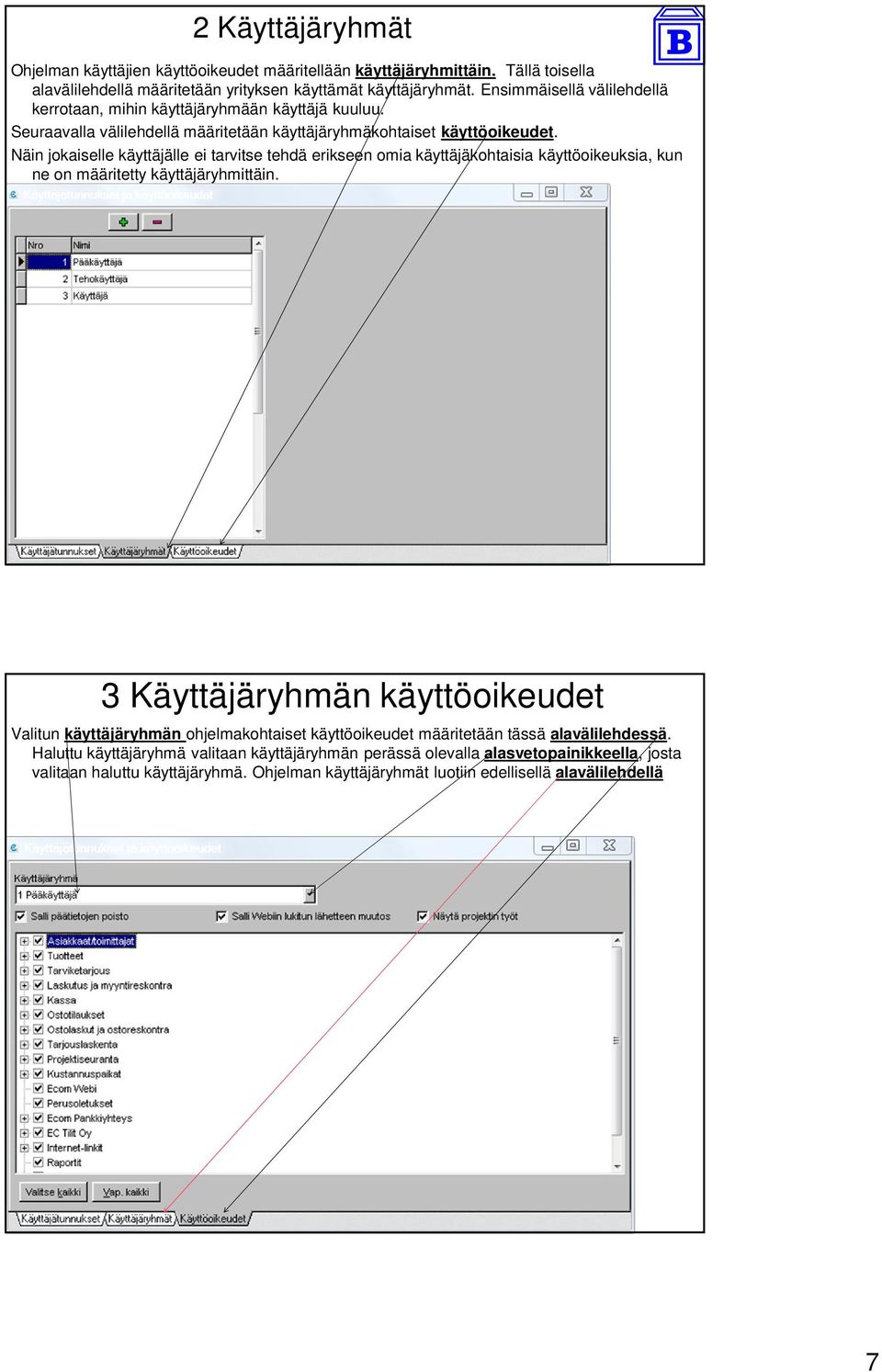 Näin jokaiselle käyttäjälle ei tarvitse tehdä erikseen omia käyttäjäkohtaisia käyttöoikeuksia, kun ne on määritetty käyttäjäryhmittäin.