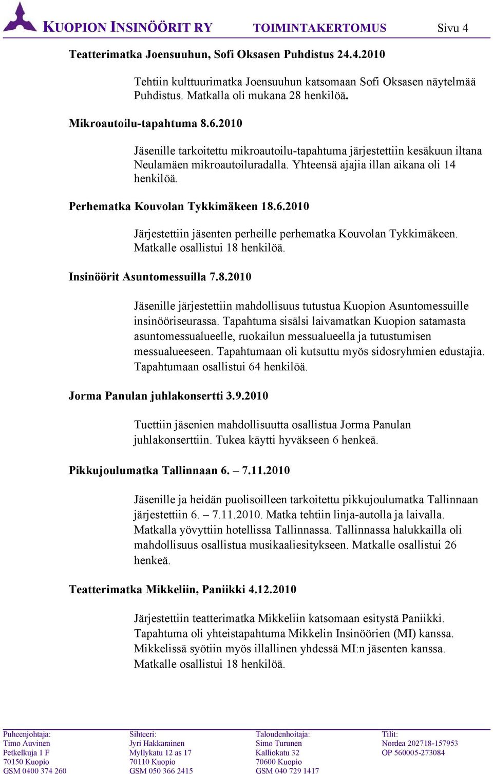 Yhteensä ajajia illan aikana oli 14 henkilöä. Perhematka Kouvolan Tykkimäkeen 18.6.2010 Järjestettiin jäsenten perheille perhematka Kouvolan Tykkimäkeen. Matkalle osallistui 18 henkilöä.