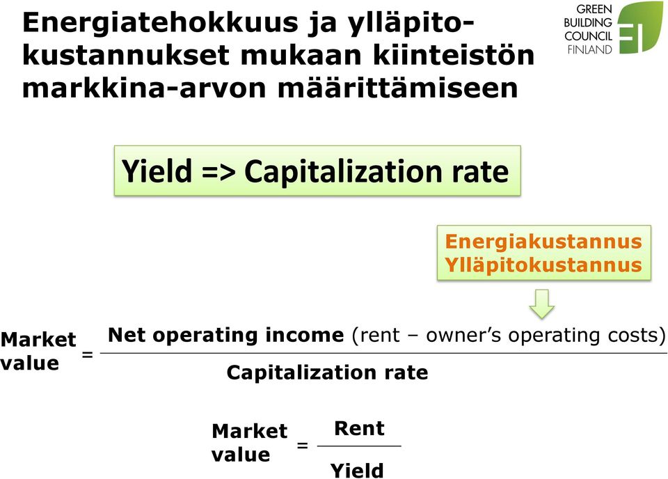 Energiakustannus Ylläpitokustannus Market value = Net operating