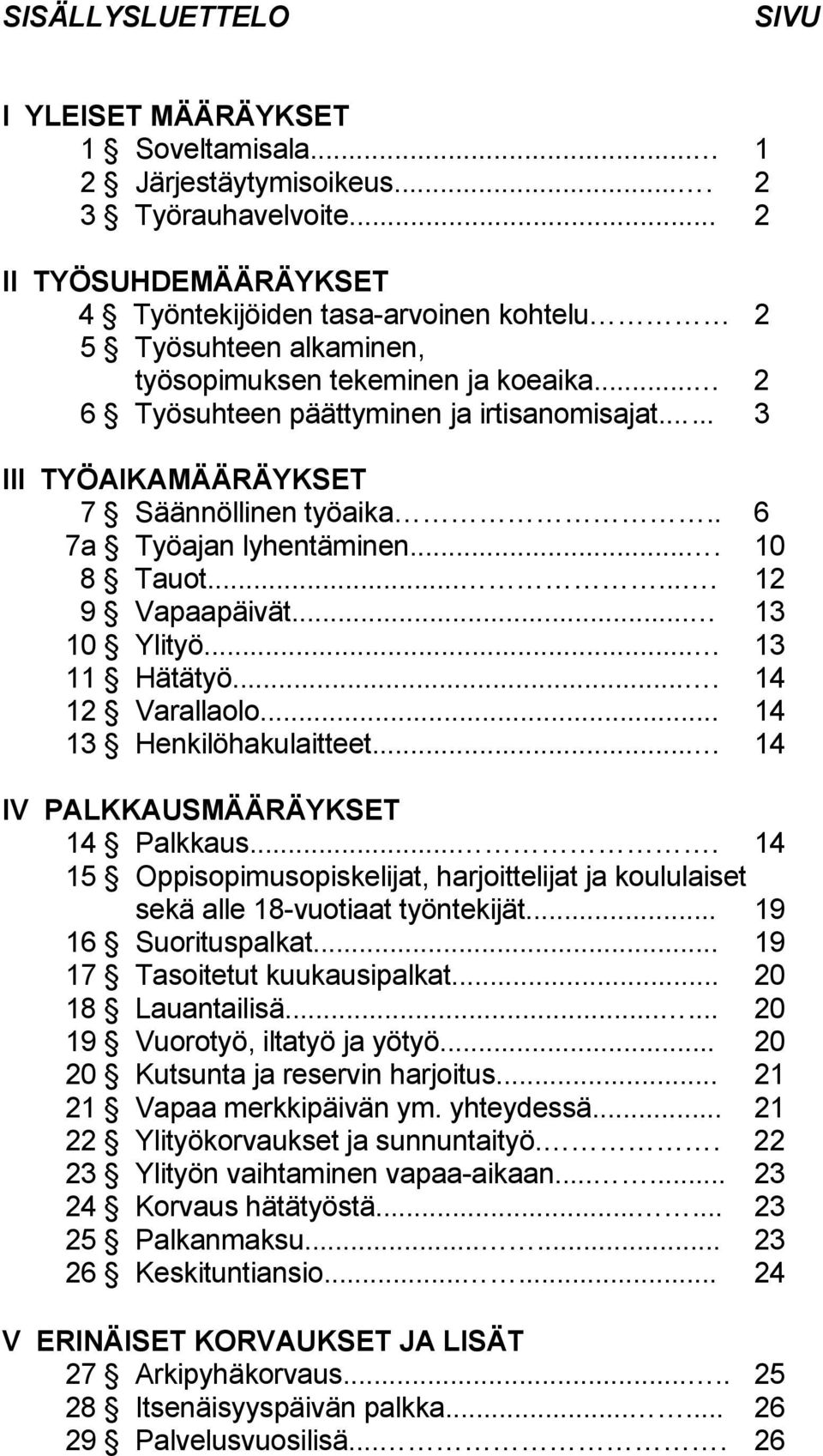 ..... 3 III TYÖAIKAMÄÄRÄYKSET 7 Säännöllinen työaika.. 6 7a Työajan lyhentäminen.... 10 8 Tauot....... 12 9 Vapaapäivät... 13 10 Ylityö... 13 11 Hätätyö.... 14 12 Varallaolo.