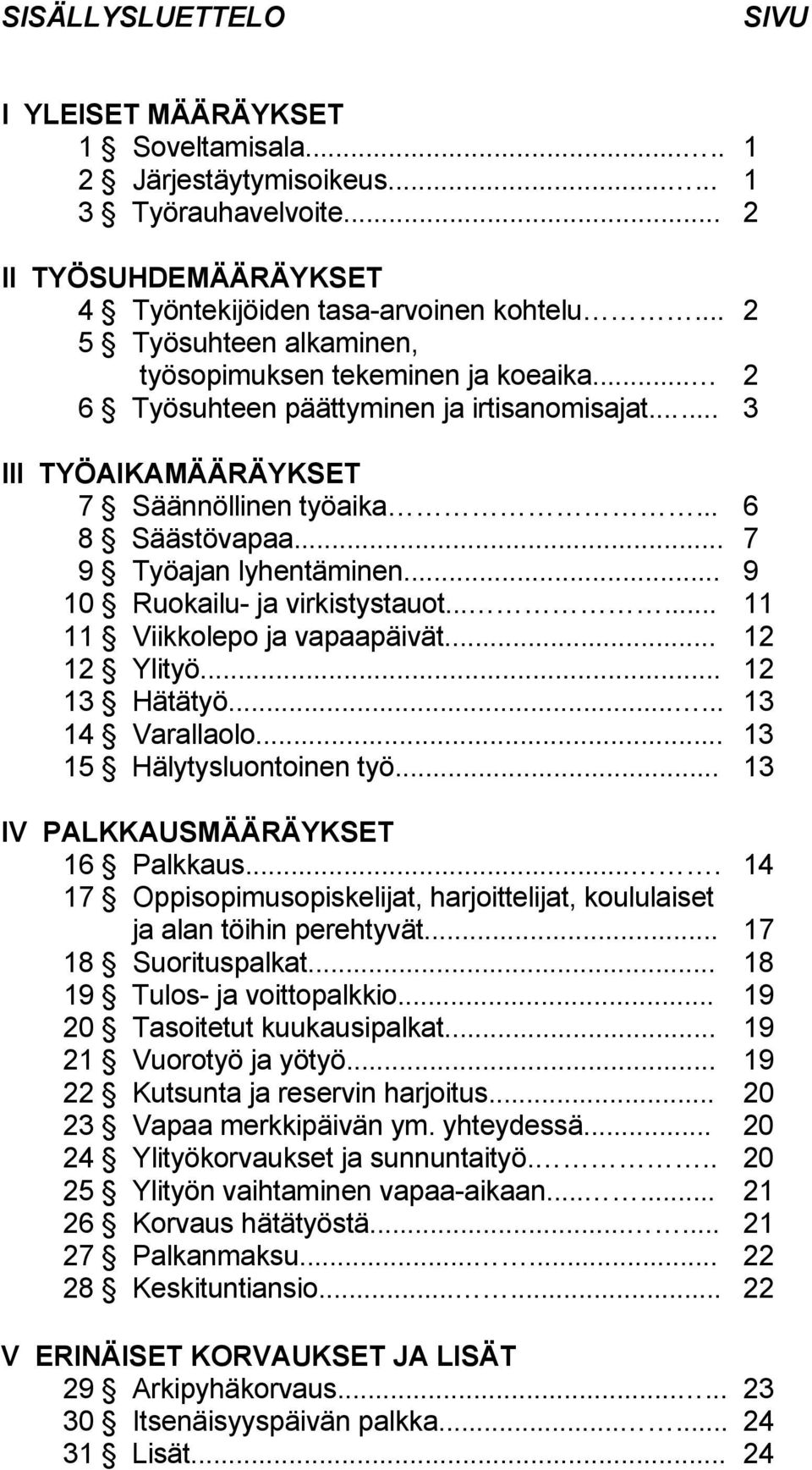 .. 7 9 Työajan lyhentäminen... 9 10 Ruokailu- ja virkistystauot...... 11 11 Viikkolepo ja vapaapäivät... 12 12 Ylityö... 12 13 Hätätyö...... 13 14 Varallaolo... 13 15 Hälytysluontoinen työ.