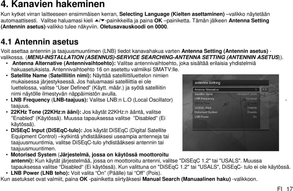 1 Antennin asetus Voit asettaa antennin ja taajuusmuuntimen (LNB) tiedot kanavahakua varten Antenna Setting (Antennin asetus) - valikossa.