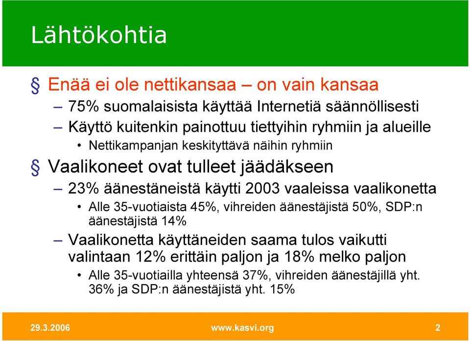 vaalikonetta Alle 35 vuotiaista 45%, vihreiden äänestäjistä 50%, SDP:n äänestäjistä 14% Vaalikonetta käyttäneiden saama tulos vaikutti valintaan