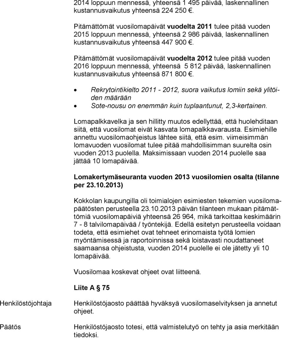 Pitämättömät vuosilomapäivät vuodelta 2012 tulee pitää vuoden 2016 lop puun mennessä, yhteensä 5 812 päivää, laskennallinen kus tan nus vai ku tus yhteensä 871 800.
