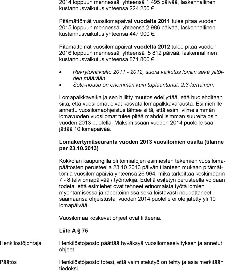 Pitämättömät vuosilomapäivät vuodelta 2012 tulee pitää vuoden 2016 lop puun mennessä, yhteensä 5 812 päivää, laskennallinen kus tan nus vai ku tus yhteensä 871 800.