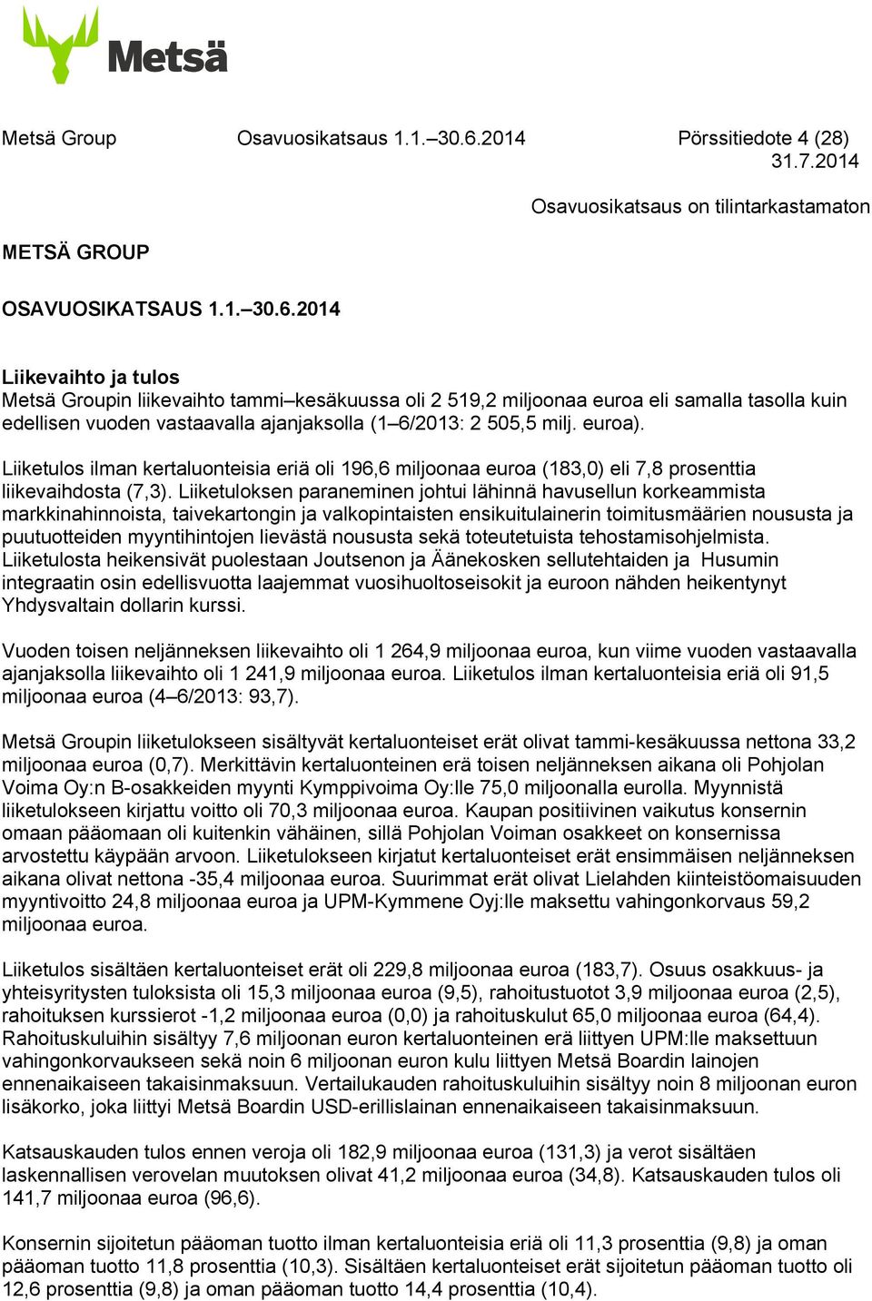 2014 Liikevaihto ja tulos Metsä Groupin liikevaihto tammi kesäkuussa oli 2 519,2 miljoonaa euroa eli samalla tasolla kuin edellisen vuoden vastaavalla ajanjaksolla (1 6/: 2 505,5 milj. euroa).